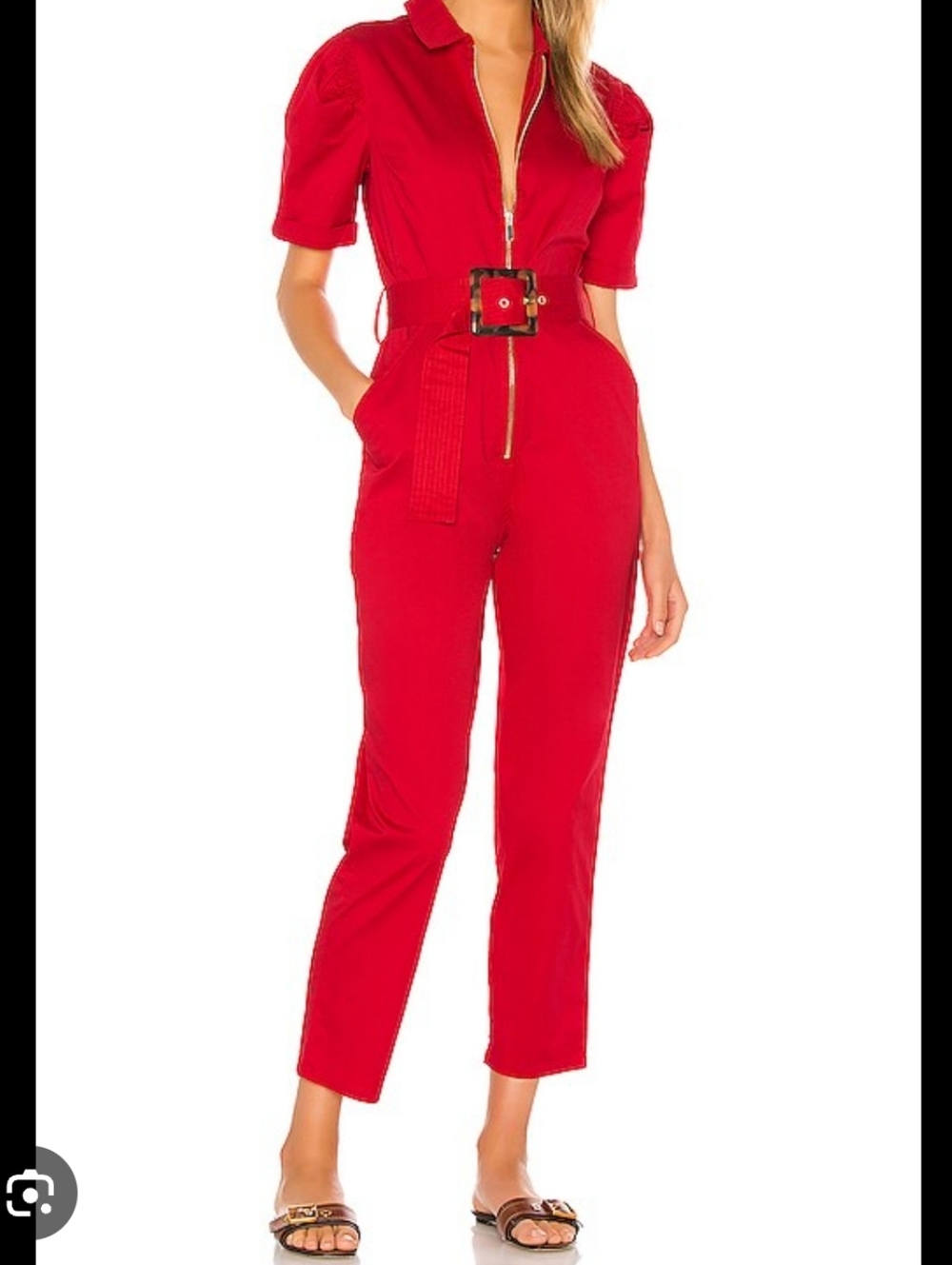WeWoreWhat Red Short-Sleeve Zip-Front Belted Jumpsuit Sizr Medium